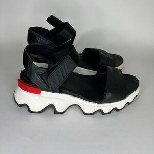 Sorel Black and White Sandals with Red Accent